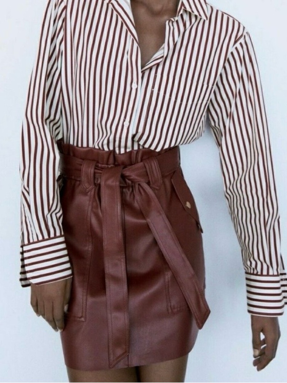 NWT Zara Burgundy Maroon Faux Leather Paperbag Waist Tie A-line Mini Skirt XS